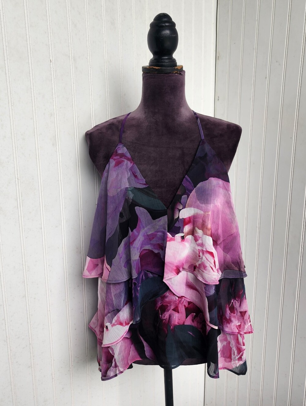 NWT Express Black Purple Floral Chiffon Tiered Camisole Top Pink Flowers XL